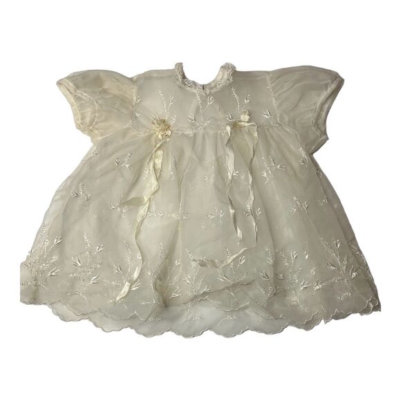 1950's Carol Joy Creation Christening Dress Sheer Satin Ribbons Lace White Gown - Picture 1 of 14